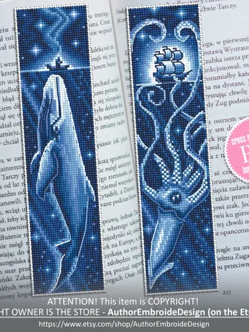 Ocean bookmark set cross stitch pattern download PDF Blue whale cross stitch, Kraken cross stitch Sea monster Handmade bookmark digital #B86 $7.70