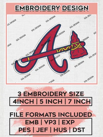 MLB Atlanta Braves Logo Embroidery Design Files, MLB Atlanta Braves Team Embroidery, MLB Teams, 3 sizes, MLB Machine embroidery designs, Digital Download $6.99