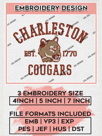 Charleston Cougars Est 1770 Logo Embroidery Designs, NCAA Charleston Cougars Team Embroidery, NCAA Team Logo, 3 sizes, Machine embroidery Files, Digital Download $6.99