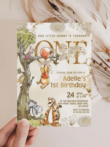 1st Birthday Winnie the Pooh Inspired ; Classic Winnie Pooh Invitations; Neutral Winnie Pooh Turning one; Winnie Pooh Birthday Party poom88 $3.00