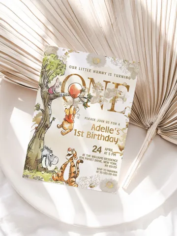 Winnie the Pooh Inspired First Birthday; Classic Winnie Pooh Invitations; Neutral Winnie Pooh Turning One; Winnie Pooh Birthday Party poom88 $12.78
