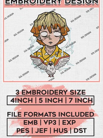 Agatsuma Zenitsu Embroidery Designs, Zenitsu Embroidery Files, Demon Slayer Machine Embroidery Pattern, Digital Download EMB_ANIME_136 $6.99