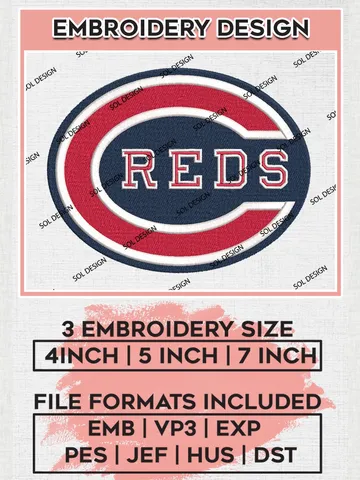 MLB Reds Team Logo Embroidery Files, MLB Cincinnati Reds Team Embroidery, MLB Teams, 3 sizes, MLB Machine embroidery designs, Digital Download $6.99