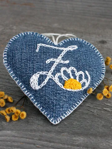 Lavender sachet personalized pincushion Monogrammed sachet hanging Denim ornaments Scented heart sachet initials Grandma Valentine gift