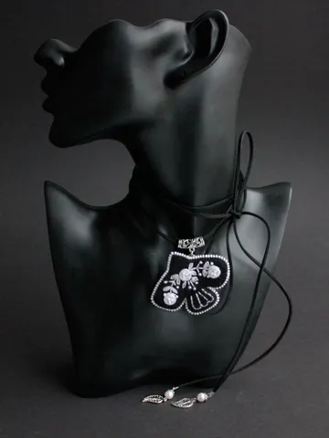 Black double wrap suede choker with pearls Black white dove necklace Thin gemstone large bird choker Ukrainian folk jewelry monochrome $49.00