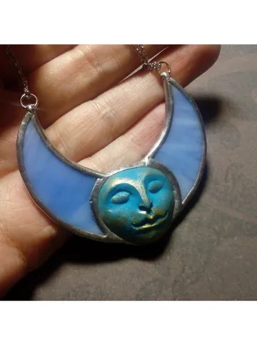 Stained glass blue moon, Moon Goddess, Moon phase necklace, Stainglass crescent, Full moon pendant, Moon face necklace $50.00