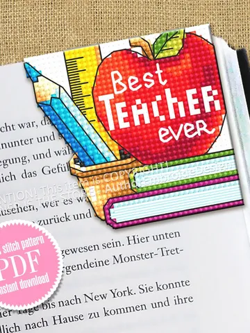 Corner bookmark cross stitch pattern download PDF Best teacher ever, Teacher bookmark digital pattern PDF, Teachers day gift, School #B346 $4.10