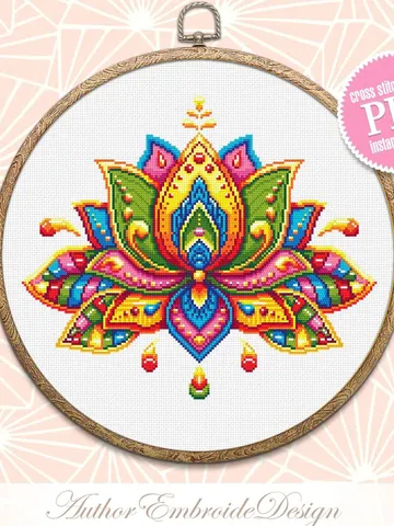 Lotus flower mandala cross stitch pattern PDF download Floral mandala embroidery PDF, Rainbow lotus cross stitch chart, Lotus mandala #M197 $4.60