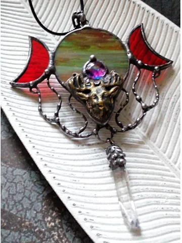 Deer antler jewelry, Deer head necklace, Triple moon, crescent deer, stag head, Stained glass, Yule jewelry, Halloween $59.00
