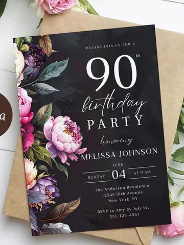 90th Birthday Invitation for women – Moody Burgundy & Blush Peony Floral Invitation, Elegant Dark Men Birthday Party Invite Canva Template $7.00