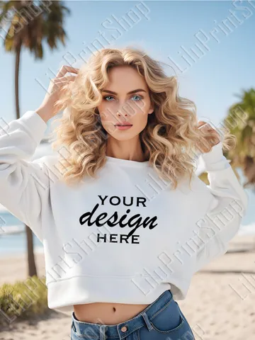 Woman white Sweatshirt model Mock up JPG , girl's Long Sleeve mockup. Summer lifestyle mockup digital Instant download $2.71