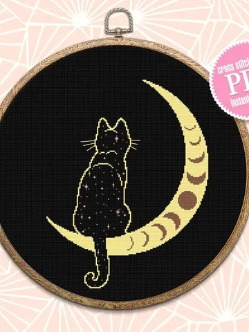 Mystical moon phase and cat cross stitch pattern download PDF Magic crescent moon cross stitch, Galaxy cat silhouette Boho cross stitch #K56 $4.20