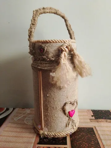 Tall Jute Rope Vase in the form of a can with a handle- Eco-Friendly, Decor with Decorative Braid and sequins