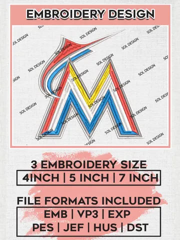 MLB Miami Marlins Machine Embroidery Files, MLB Miami Marlins Team Embroidery, MLB Teams, 3 sizes, MLB Machine embroidery designs, Digital Download $6.99