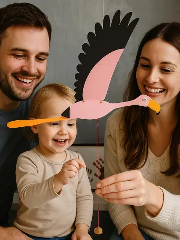 Wooden Flamingo Mobile – Handmade Flying Bird Toy with Moving Wings | Natural Nursery Flamingo Decor | Gift for Kids & Bird Lovers