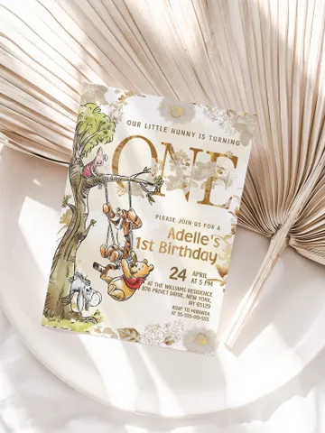 Winnie the Pooh Inspired First Birthday; Classic Winnie Pooh Invitations; Neutral Winnie Pooh Turning One; Winnie Pooh Birthday Party poom88 $12.78