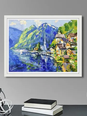 Austrian Alps Painting Mountain Village Original Art Hallstatt Nature Summer $450.00