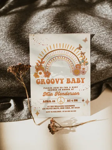 Groovy Baby Shower Invitation; Neutral Boho Groovy Baby Shower Template; Retro 70 80 Baby Shower Invite; Daisy Hippie Bohemian Cutie Retro $11.62