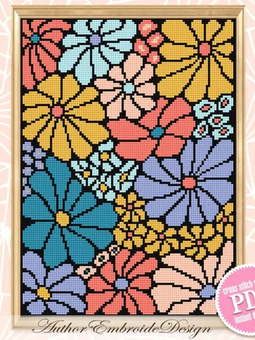 Abstract flowers cross stitch pattern PDF download Boho floral cross stitch chart, Modern flower pattern digital PDF, Beginner x-stitch #P45 $4.50