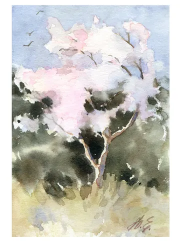 Flowering tree painting Original watercolor postcard Small artwork by Yulia Evsyukova $25.00
