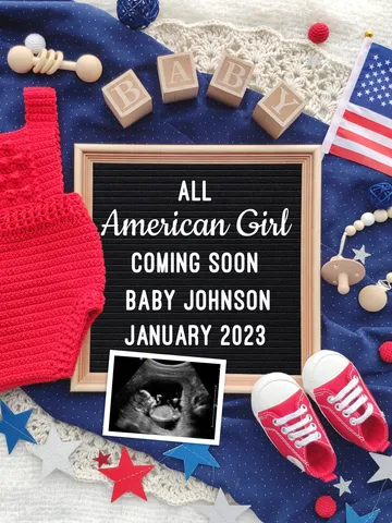 4th of July Pregnancy Announcement for Social Media, American Girl Baby Announcement 4th of July Baby Announcement Editable Digital Template $7.00