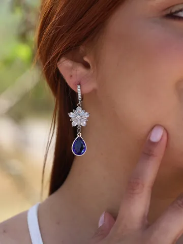 Silver | Blue Cubic Zirconia Flower Wedding Earrings, Swarovski Crystal Bridal Earrings, Floral Statement Wedding Earrings, Bridal Jewelry, $94.00