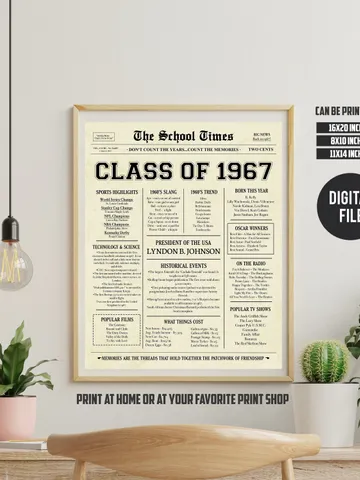 Class of 1967 NEWSPAPER Poster - 1967 Class Reunion - High School Reunion Sign - 1967 Facts for Class Reunion - INSTANT DOWNLOAD