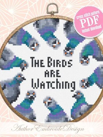 Funny pigeons cross stitch pattern PDF download Cross stitch quote The birds are watching, Small modern cross stitch chart Pigeon gifts #Q60 $4.20