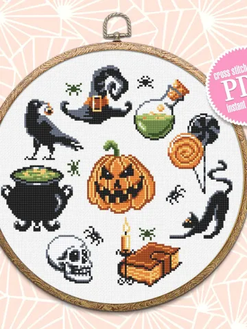 Halloween cross stitch pattern download PDF Beginner stitch Magic horror cross stitch Witch black cat stitch chart Halloween embroidery #H30 $4.60