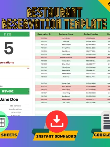 Restaurant Reservation Template,Google Sheets Booking Tracker,Digital Download,Easy-to-Use Table Reservation System for Restaurants $5.46