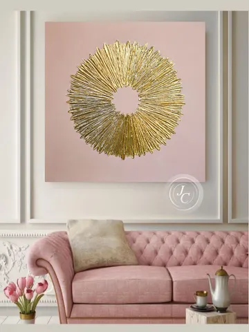 Gold and Pink Abstract Painting Sunburst Textured artwork Original Art Gold Wall Decor Above couch decor by Juliya JC $345.00