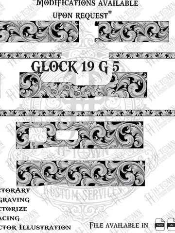 GLOCK 19 Gen 5 Engraving Scroll Vector | Ornamental Grip Design | Full Slide Svg Png AI EPS | Custom Laser Template