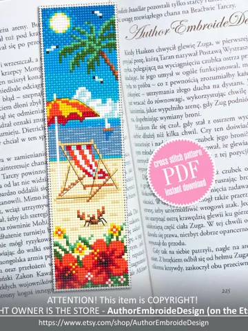 Beach bookmark cross stitch pattern PDF download Summer cross stitch chart, Summer vacation bookmark pattern digital Beach life Hawaii #B433 $4.40