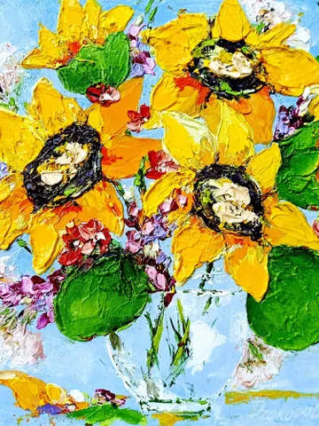 Sunflower Painting Original Art oil painting Floral Sunflowers Artwork Still Life Flowers Small Painting 8 by 8" by ArtProkopaloSv $185.00