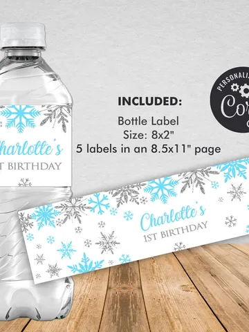 Winter Onederland Water Bottle Label, Winter Onederland Birthday Boy Decorations, Blue Silver Snowflake Bottle Label Editable Template $5.50