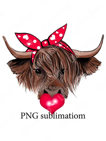 Highland Cow with hearts & red bandana png Hand drawn heifer Sublimation design for Valentine’s Day. Cow bubble gum clipart instant download $4.06
