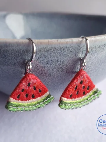 Watermelon Slice Earrings Embroidery Handcrafted Seed Bead Dangles Fun Summer Jewelry Artisan Earrings Quirky Jewelry Accessory Gift