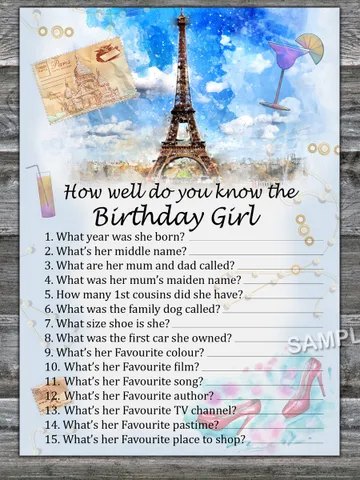 Paris themed How well do you know the birthday girl,Adult Birthday party game-fun games for her-Instant download