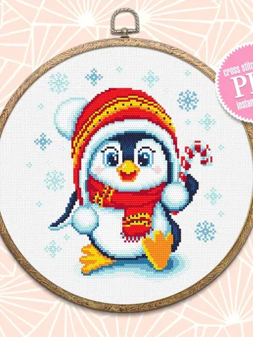 Cute baby penguin cross stitch pattern download PDF, Christmas cross stitch, Easy beginner stitch, Christmas penguin hand embroidery #N63 $4.40