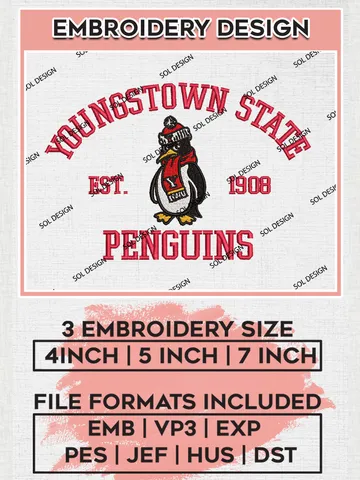 Youngstown State Penguins Est 1908 Embroidery Designs, NCAA Youngstown State Penguins Team Embroidery, NCAA Team Logo, 3 sizes, Machine embroidery Files, Digital Download $6.99