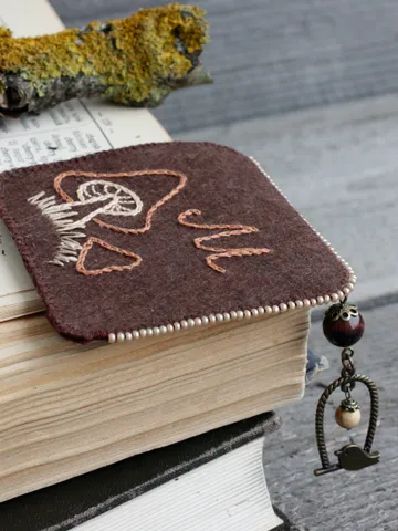 Personalized hand embroidered felt corner bookmark with bird charm Hand made monogrammed woodland mushroom book mark Cottagecore accessory