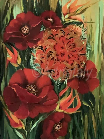 Poppies Painting Folk Art, Traditional art style Khokhloma $260.00