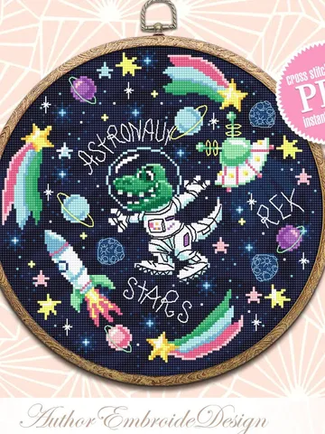Space dinosaur cross stitch pattern PDF download Funny tyrannosaurus rex in space cross stitch chart, Astronaut dinosaur embroidery PDF #K58 $4.60