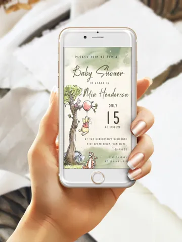 Classic Winnie Pooh Baby Shower smartphone invite; Winnie Baby Shower evite; Greenery Baby Shower evite; Honey Bear evite editable template $11.62
