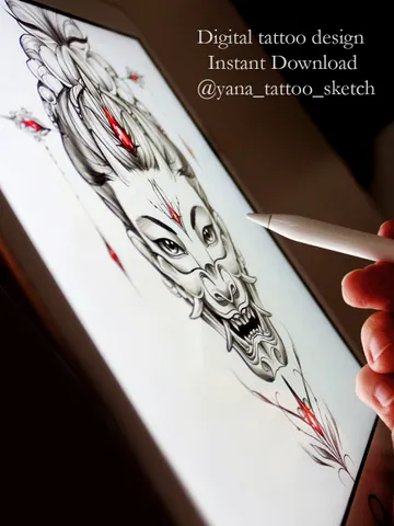 Oni Mask Tattoo Design Geisha Hannya Oni Mask Tattoo Sketch Idea Japanese Woman, Instant download PDF, JPG