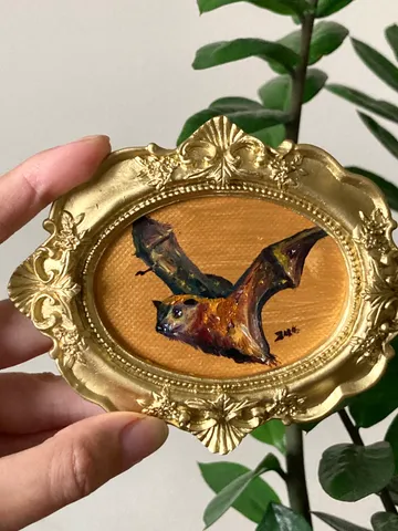Fox Bat Painting Original Framed Small Oil Painting Gold Frame Goth Art $75.00