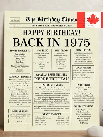 50th Birthday Newspaper Poster, Born in 1975, Back in 1975 Canada Sign, 50 Years Ago Printable Decor, 50th Party Digital Gift $7.00