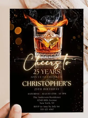 Whiskey Birthday Invitation, Cheers to 25 Years, Editable Canva Invite, Adult Men Party, Cognac Scotch Liquor $7.00