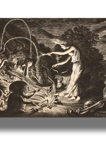 Sorceresses, goat and demons gathered near the Sabbath cauldron. $21.00