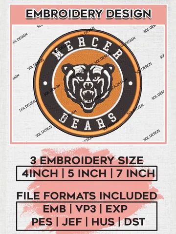NCAA Mercer Bears Round Logo Embroidery, NCAA Mercer Bears Logo Embroidery files, NCAA Teams, Machine embroidery designs, Digital Download